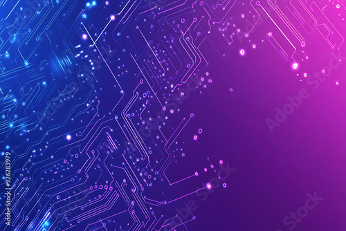 Futuristic vector illustration of an abstract circuit board with neon blue and purple gradients, showcasing intricate digital patterns and tech elements