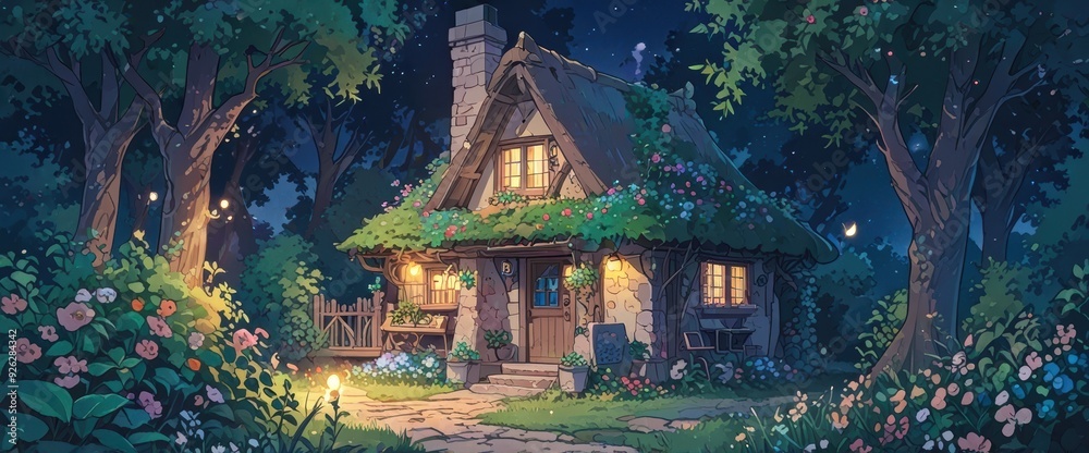 Fototapeta premium Cozy Stone Cottage in Moonlit Forest Night Scene. Anime art style