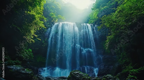 majestic waterfall cascading down a rocky cliff, surrounded by lush greenery.