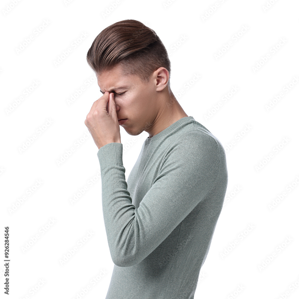 Young man suffering from sinusitis on white background Young man suffering from sinusitis on white background