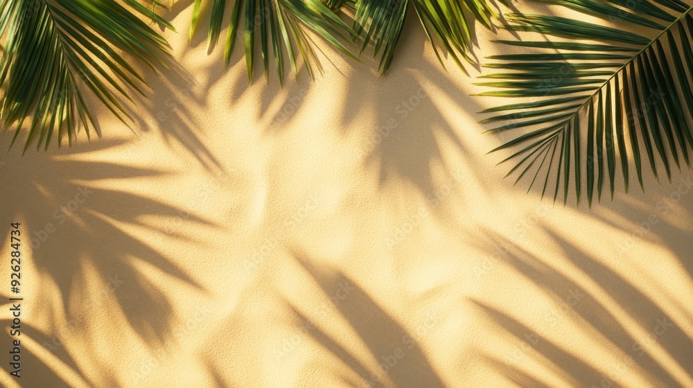 Palm Leaves Shadows on Sandy Beach, Tropical Summer Background with Copy Space Palm Leaves Shadows on Sandy Beach, Tropical Summer Background with Copy Space