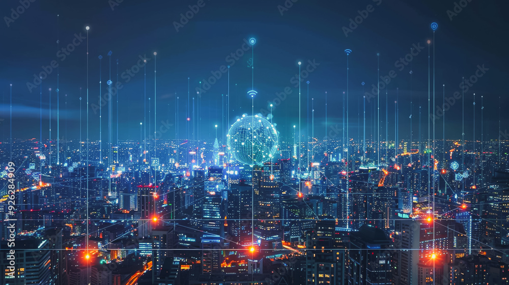 Smart digital Innovation city with connection network reciprocity over the cityscape. of future smart wireless digital city and social media networking systems that connects people with in city
Smart digital Innovation city with connection network reciprocity over the cityscape. of future smart wireless digital city and social media networking systems that connects people with in city