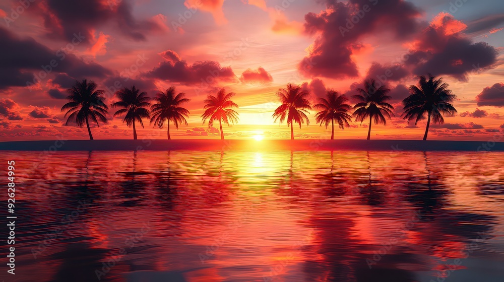 The reflection of a fiery sunset in the calm waters of a pristine beach, with silhouettes of palm trees against the vibrant sky. The reflection of a fiery sunset in the calm waters of a pristine beach, with silhouettes of palm trees against the vibrant sky.