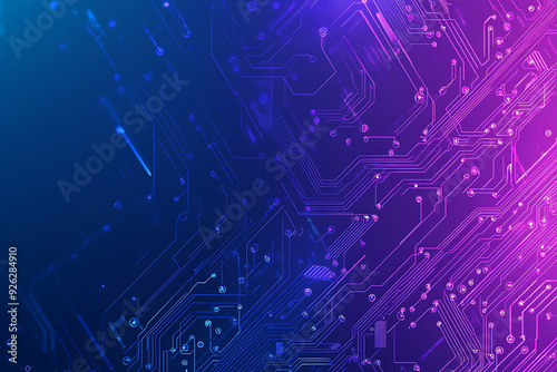 Futuristic vector illustration of an abstract circuit board with neon blue and purple gradients, showcasing intricate digital patterns and tech elements