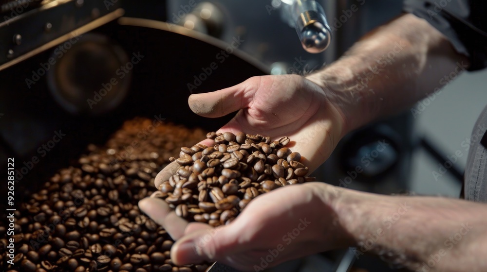 Man hands holding freshly roasted aromatic coffee