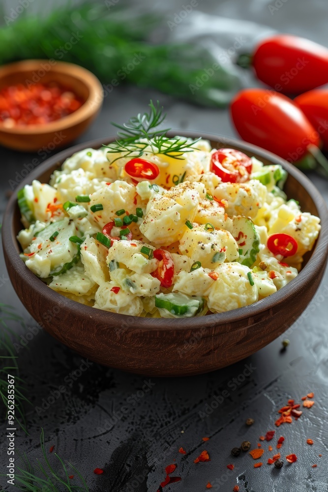 Close-up, Homemade Potato Salad With Fresh Herbs, Chilies, Food Photography on Dark Stone Table Close-up, Homemade Potato Salad With Fresh Herbs, Chilies, Food Photography on Dark Stone Table