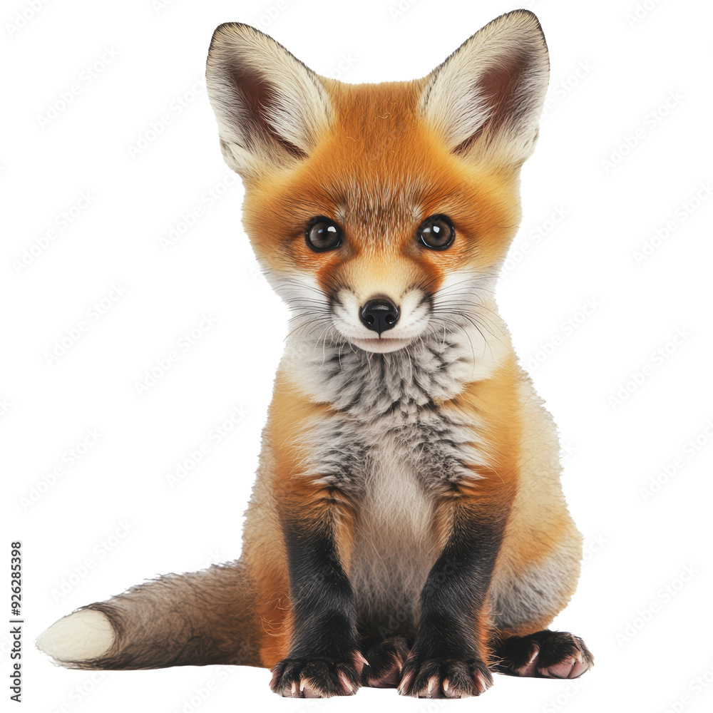 PNG A young red fox sits upright, showcasing its vibrant fur and curious expression against a white background PNG A young red fox sits upright, showcasing its vibrant fur and curious expression against a white background