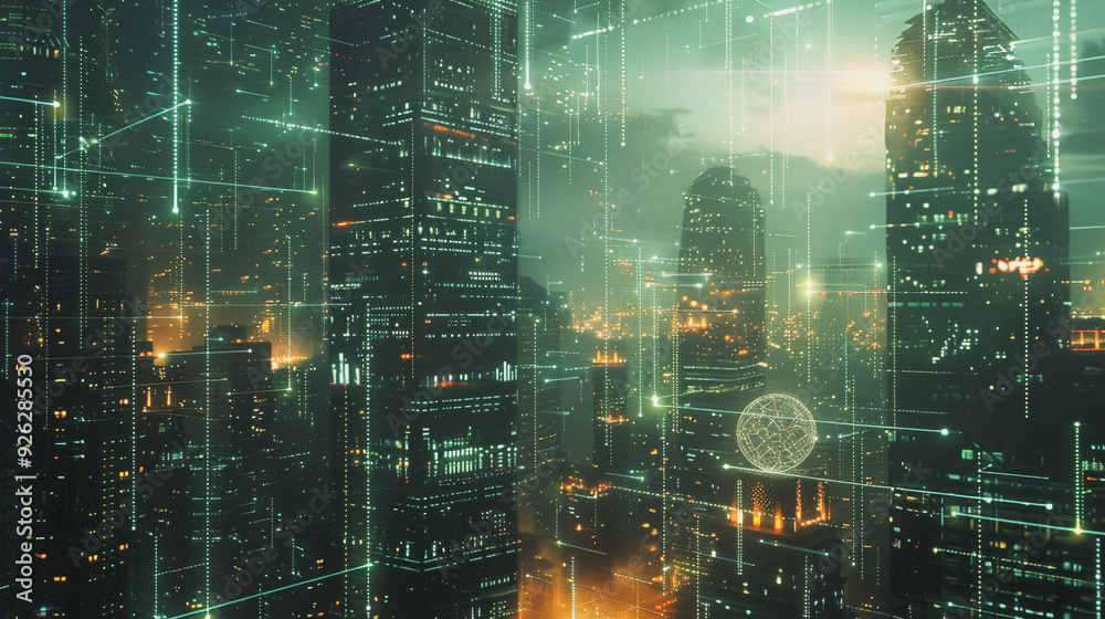 Fototapeta premium Smart digital Innovation city with connection network reciprocity over the cityscape. of future smart wireless digital city and social media networking systems that connects people with in city