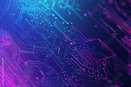 Futuristic vector illustration of an abstract circuit board with neon blue and purple gradients, showcasing intricate digital patterns and tech elements