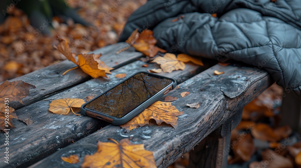 Outdoor Setting Featuring Phone Mockup on Rustic Wooden Bench. Outdoor Setting Featuring Phone Mockup on Rustic Wooden Bench.