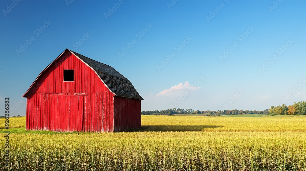 Obraz premium A red barn in the countryside, surrounded by fields of green grass and a clear blue sky.