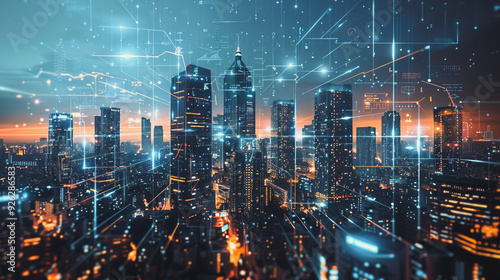 Wallpaper Mural Smart digital Innovation city with connection network reciprocity over the cityscape. of future smart wireless digital city and social media networking systems that connects people with in city

 Torontodigital.ca