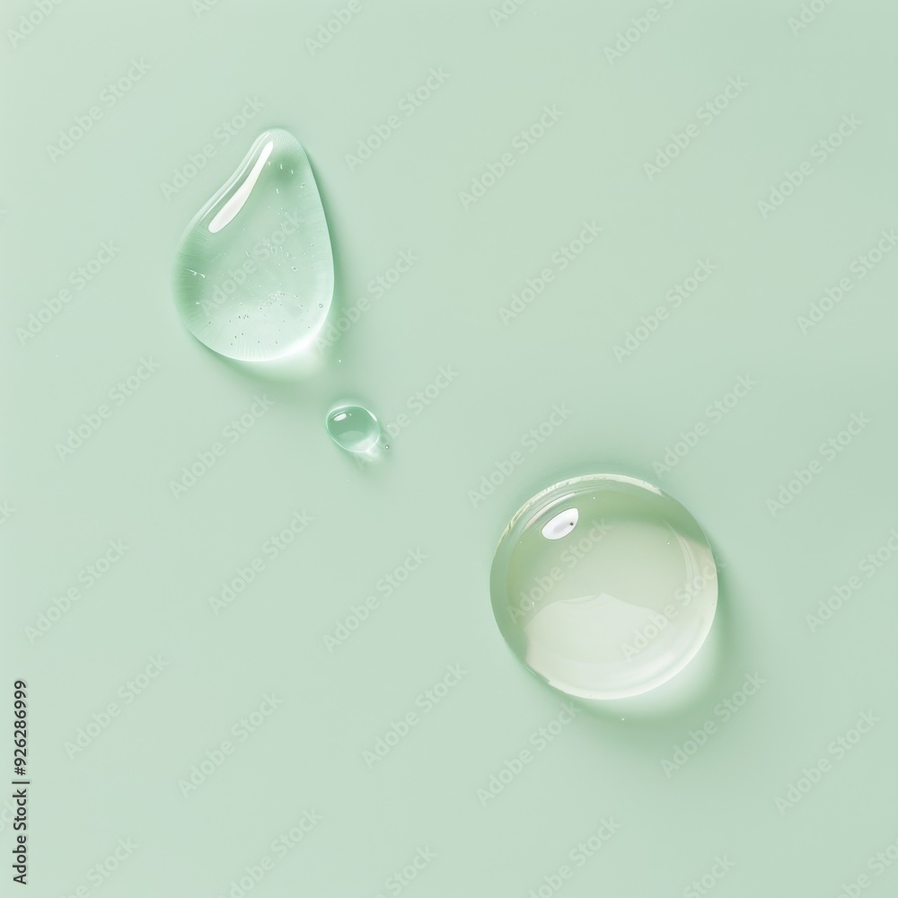 Close-up of water droplets on a pastel green surface captures simplicity and elegance in a minimalist style. Close-up of water droplets on a pastel green surface captures simplicity and elegance in a minimalist style.