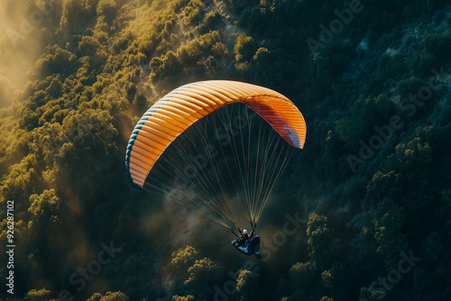 Paragliding on the forest with tiny bush, Aerial view paraglider with parachute on the top of mountain.	
 photo