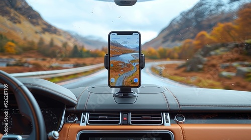 Phone Mockup in Car Mount Displaying Navigation App for Travel.