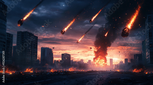 Fototapeta Naklejka Na Ścianę i Meble -  A city is destroyed by a meteor shower, with the sky filled with fiery debris