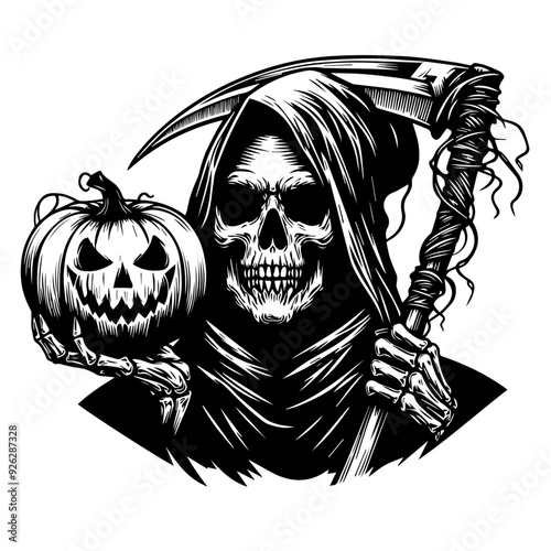 grim reaper with halloween pumpkin portrait in black and white vector line art graphics