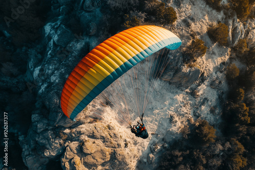 Paragliding on the snow forest with tiny bush, Aerial view paraglider with parachute on the top of snow mountain.