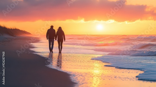 couple walking hand in hand along a beach at sunset, with waves gently washing up on the shore