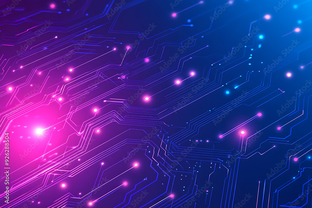 Futuristic vector illustration of an abstract circuit board with neon blue and purple gradients, showcasing intricate digital patterns and tech elements