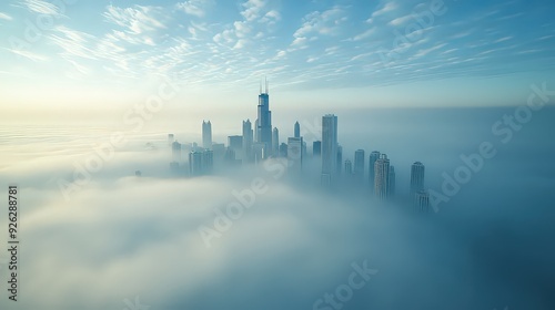 A city skyline shrouded in fog, with the tops of buildings just peeking through the mist.