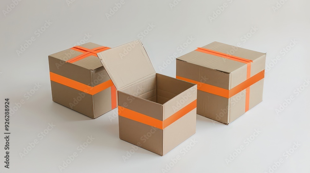 Fototapeta premium Three cardboard boxes with orange tape, one open, on a plain background, ready for shipping.