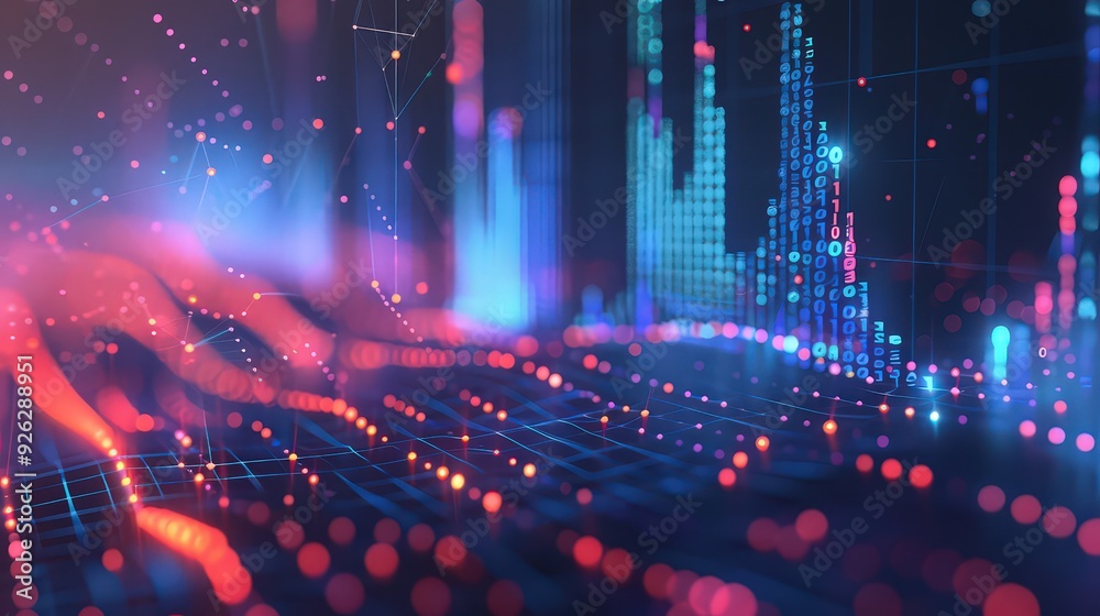 Fototapeta premium A futuristic digital landscape with glowing data points, lines, and graphs in a vibrant, abstract style.