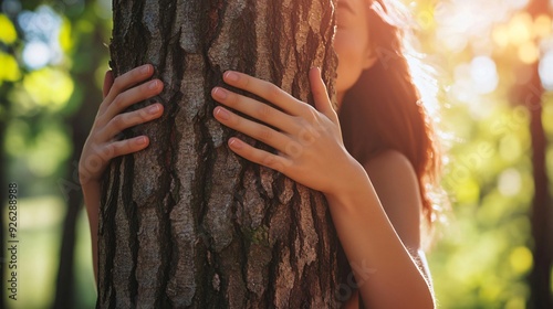 Serene Young Woman Embracing Tree Trunk Close-up: Nature Connection