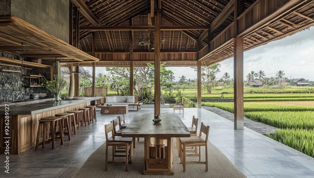 A wooden dining table and chairs with a view of A wooden dining table and chairs with a view of