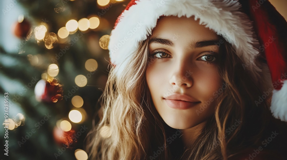 Festive Young Woman in Santa Hat Near Christmas Tree at Home Festive Young Woman in Santa Hat Near Christmas Tree at Home