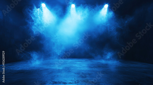 A blue room with three lights and a lot of smoke