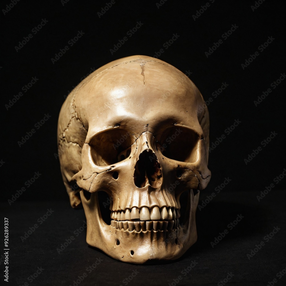 Human skull isolated on black background. Anatomically correct human skull model with creepy details for horror artwork . Dead people bone cranium. Ai generated image. Human skull isolated on black background. Anatomically correct human skull model with creepy details for horror artwork . Dead people bone cranium. Ai generated image.