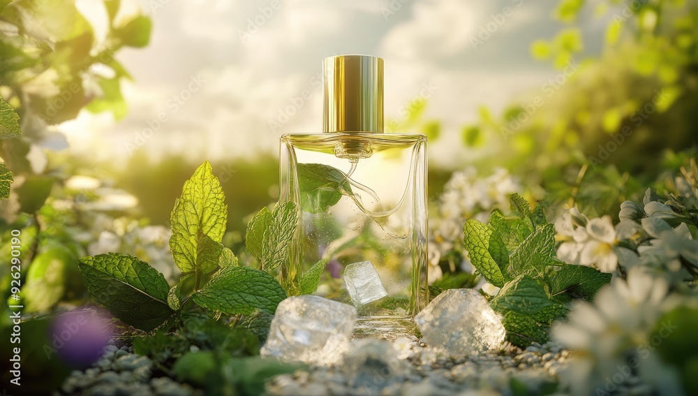 Perfume bottle surrounded by mint leaves and ice. Perfume bottle surrounded by mint leaves and ice.