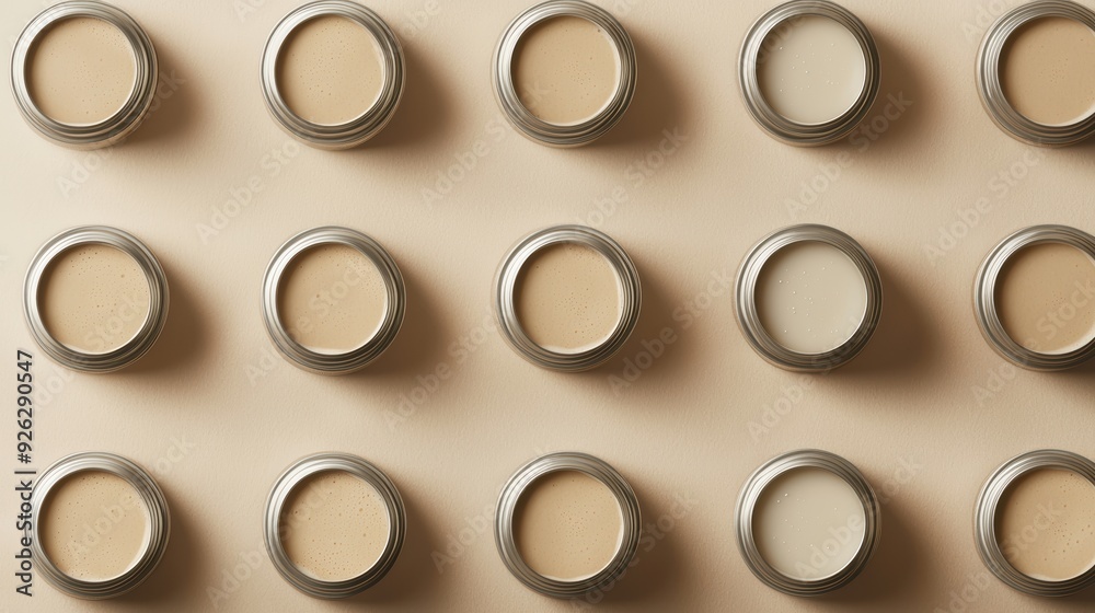 A row of small containers of cream colored makeup A row of small containers of cream colored makeup