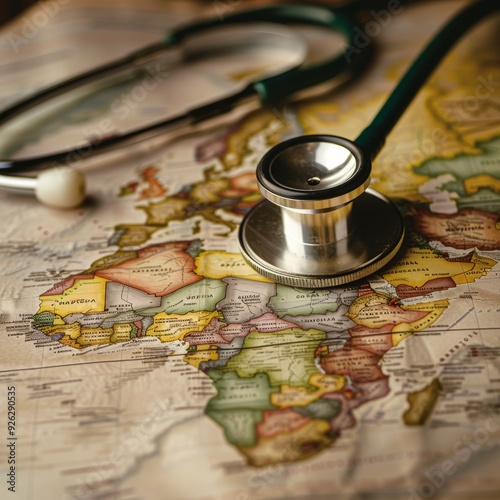 A stethoscope placed over a colorful map of Africa, symbolizing the intersection of healthcare and geography, with a focus on global health.