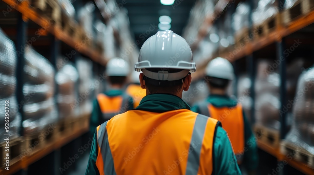 Three workers wearing white hard hats and orange safety vests walk through a well-organized warehouse, emphasizing teamwork, organization, and safety in the workplace.