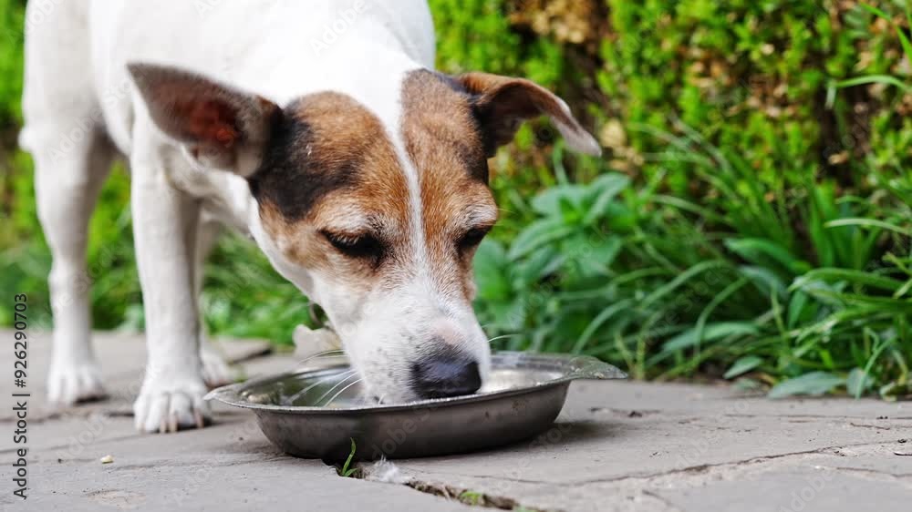 A Jack Russell Terrier dog eating from a bowl outdoors. Walks with pets. A Jack Russell Terrier dog eating from a bowl outdoors. Walks with pets.