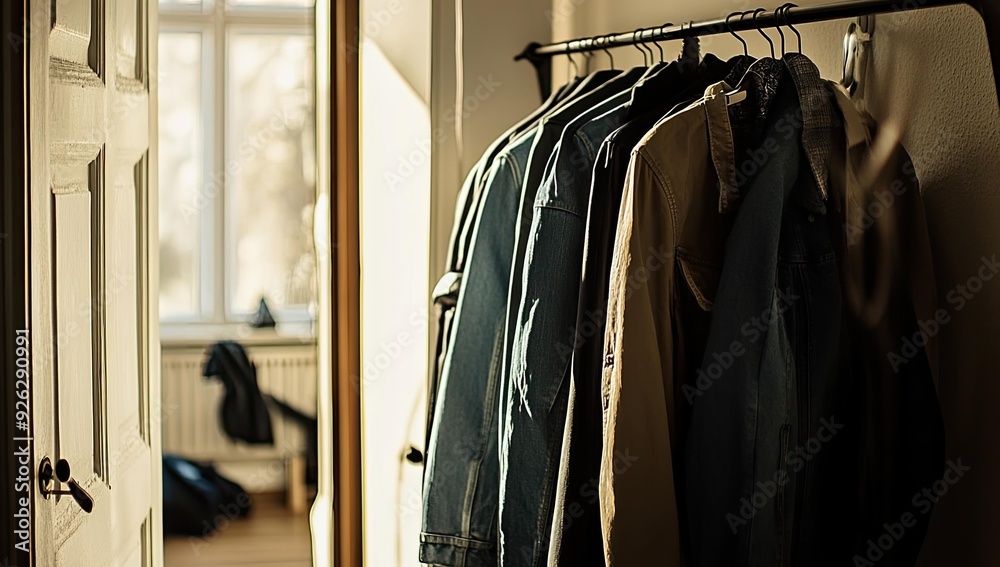 Jackets hanging on a rack in a doorway. Jackets hanging on a rack in a doorway.