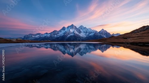 A tranquil scene of a serene lake reflecting majestic snow-capped mountains during a picturesque sunset, capturing nature's beauty and stillness in a harmonious setting.