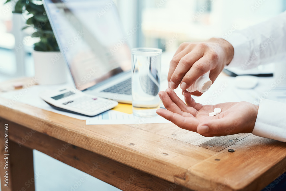Businessperson, laptop and pills with water for medical prescription or daily dosage at office. Closeup of employee hands with mineral liquid for pharmaceutical treatment or medication at workplace Businessperson, laptop and pills with water for medical prescription or daily dosage at office. Closeup of employee hands with mineral liquid for pharmaceutical treatment or medication at workplace