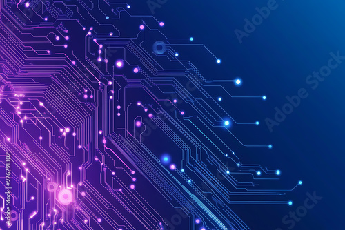 Futuristic vector illustration of an abstract circuit board with neon blue and purple gradients, showcasing intricate digital patterns and tech elements