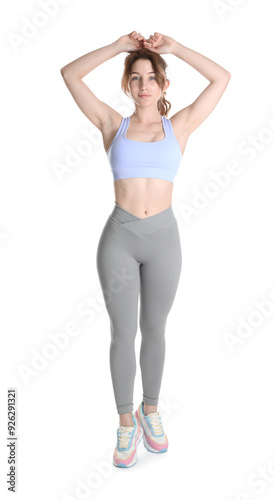 Woman with slim body posing on white background