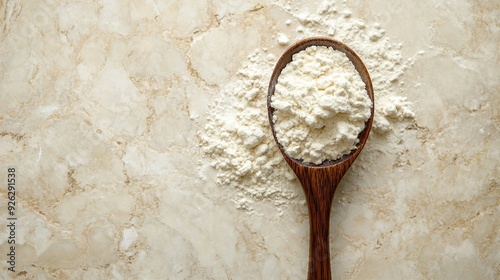 Nutritious Collagen Powder with Water on Beige Stone Background - Top View of Health and Wellness Beverage photo