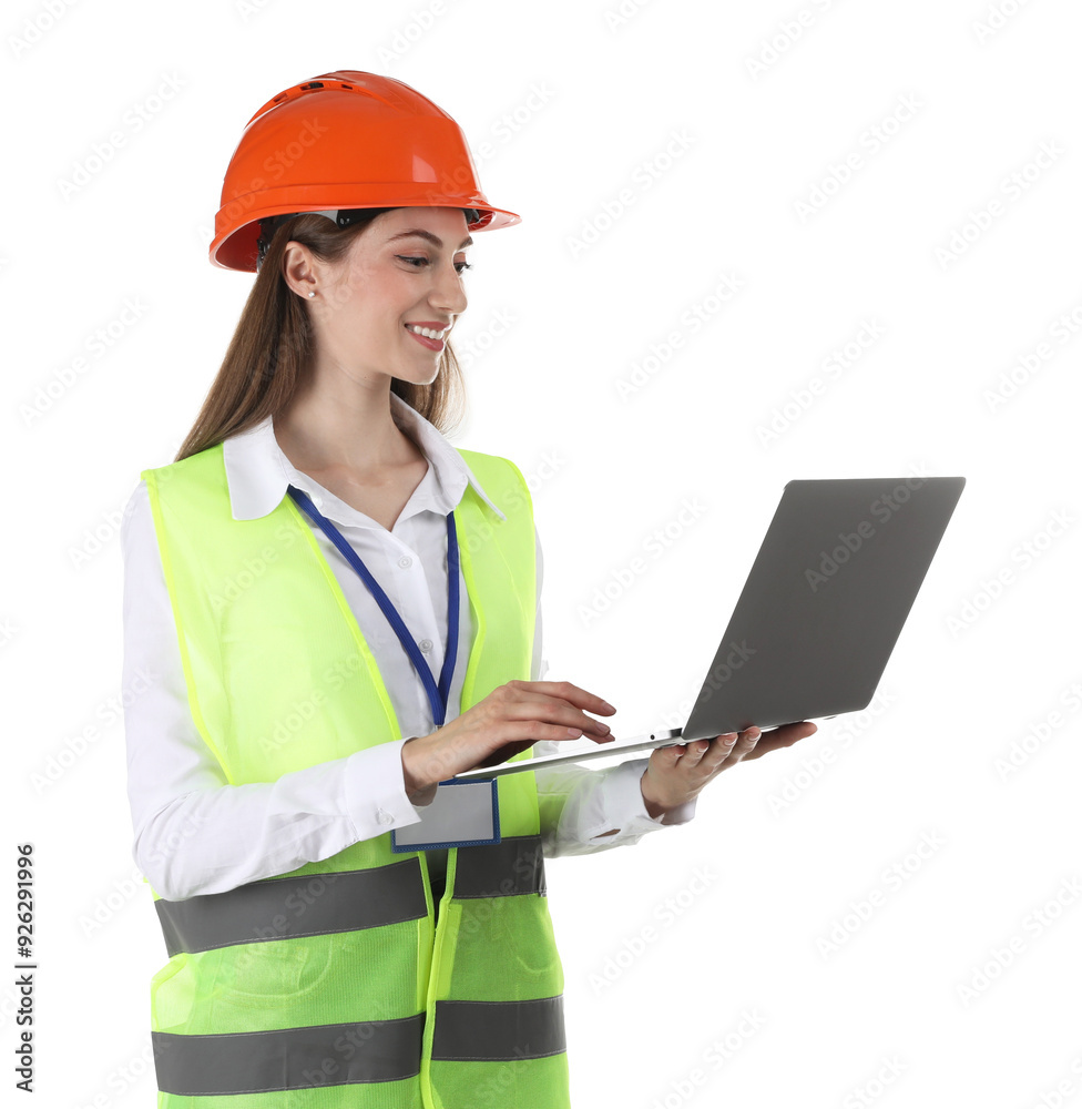 Engineer in hard hat with laptop on white background