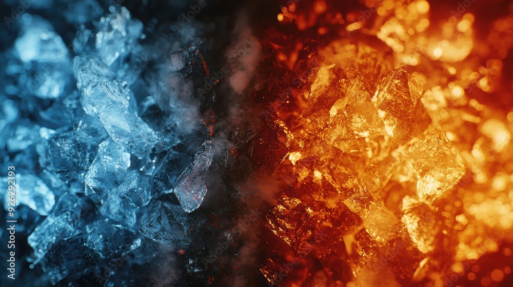 Two contrasting colors, blue and red, with a lot of ice and snow Two contrasting colors, blue and red, with a lot of ice and snow
