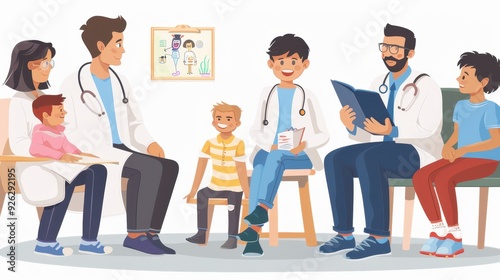 Healthcare providers engage with young patients while discussing health topics in a friendly environment