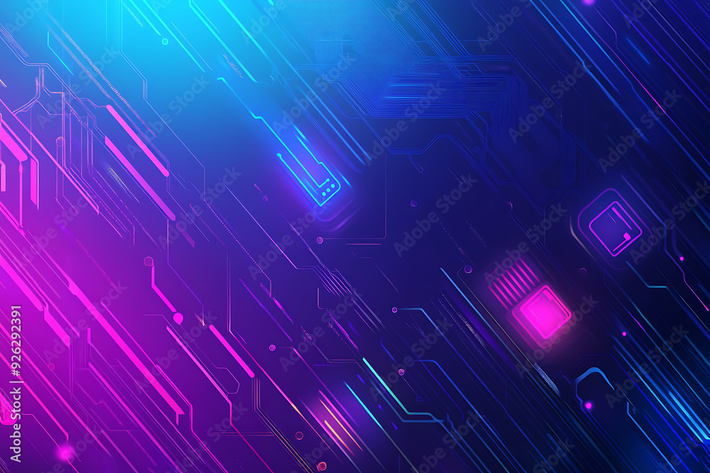 Futuristic vector illustration of an abstract circuit board with neon blue and purple gradients, showcasing intricate digital patterns and tech elements Futuristic vector illustration of an abstract circuit board with neon blue and purple gradients, showcasing intricate digital patterns and tech elements