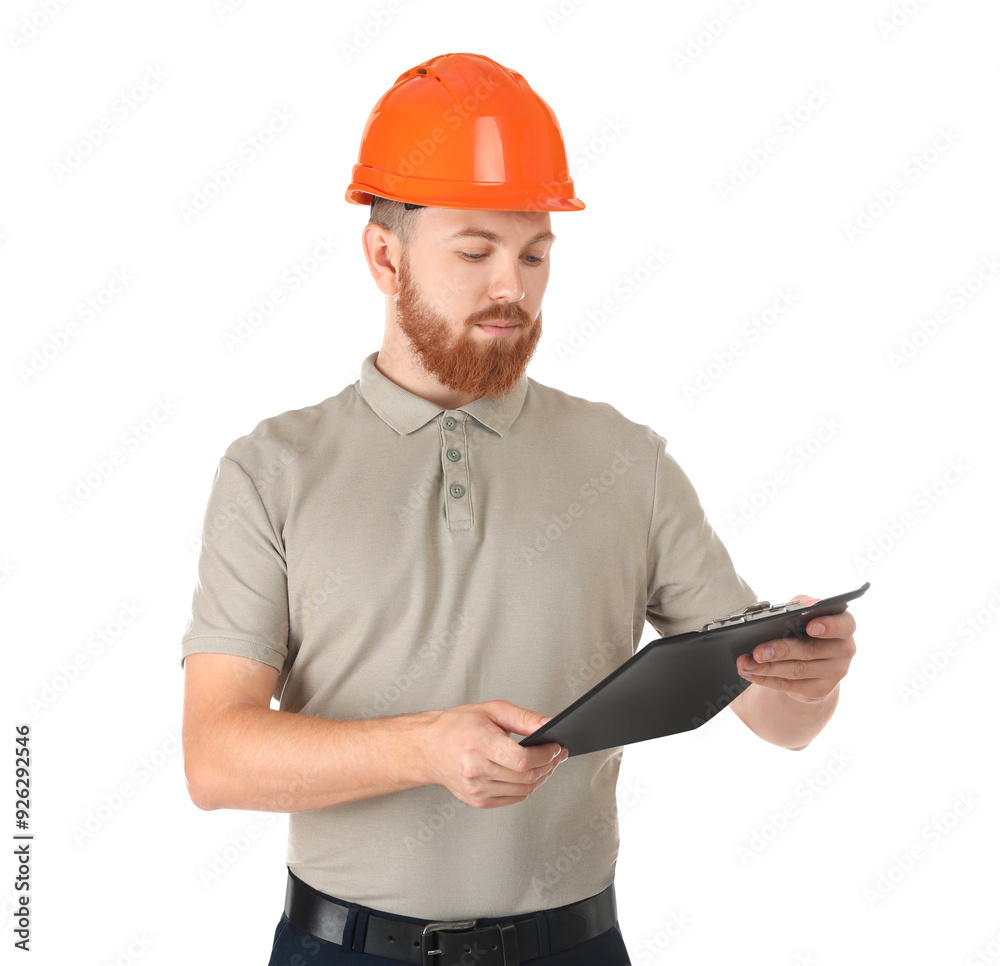 Engineer in hard hat with clipboard on white background Engineer in hard hat with clipboard on white background