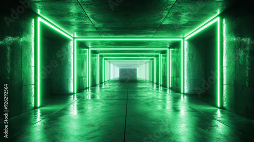 A long, narrow, green tunnel with neon lights