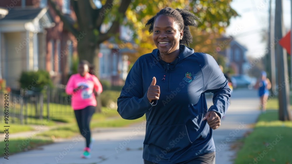 Runners smile as they jog through a vibrant suburban street in the bright morning sun Runners smile as they jog through a vibrant suburban street in the bright morning sun